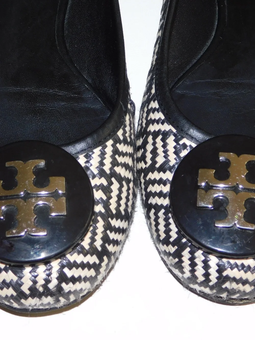 Tory Burch Black and Cream Woven Logo Ballet Flats